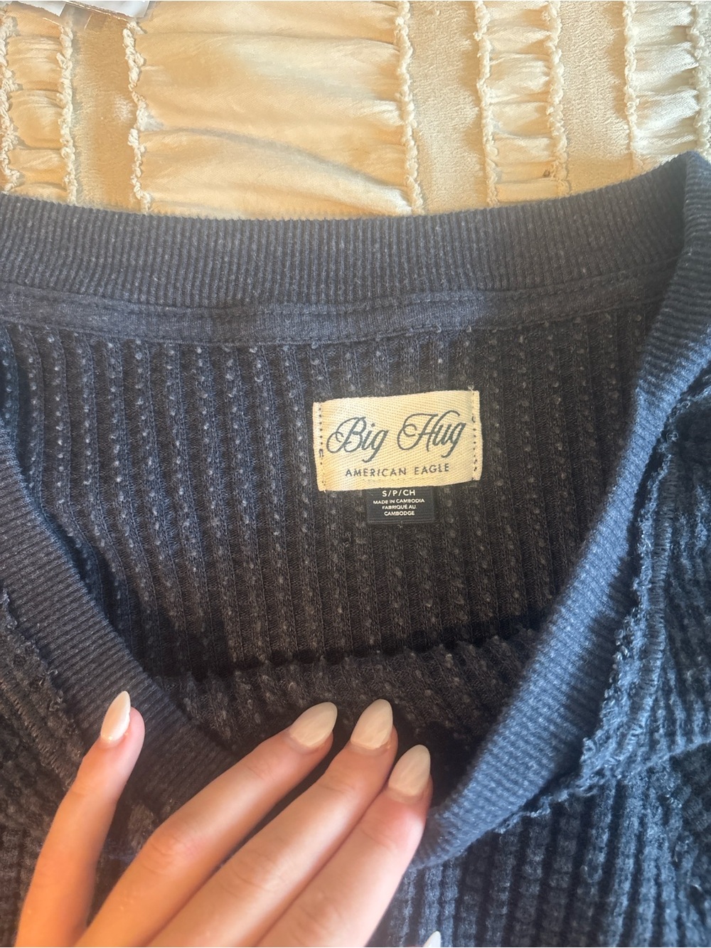 American Eagle Outfitters Navy Ribbed Crew Neck 'Big Hug' Top
